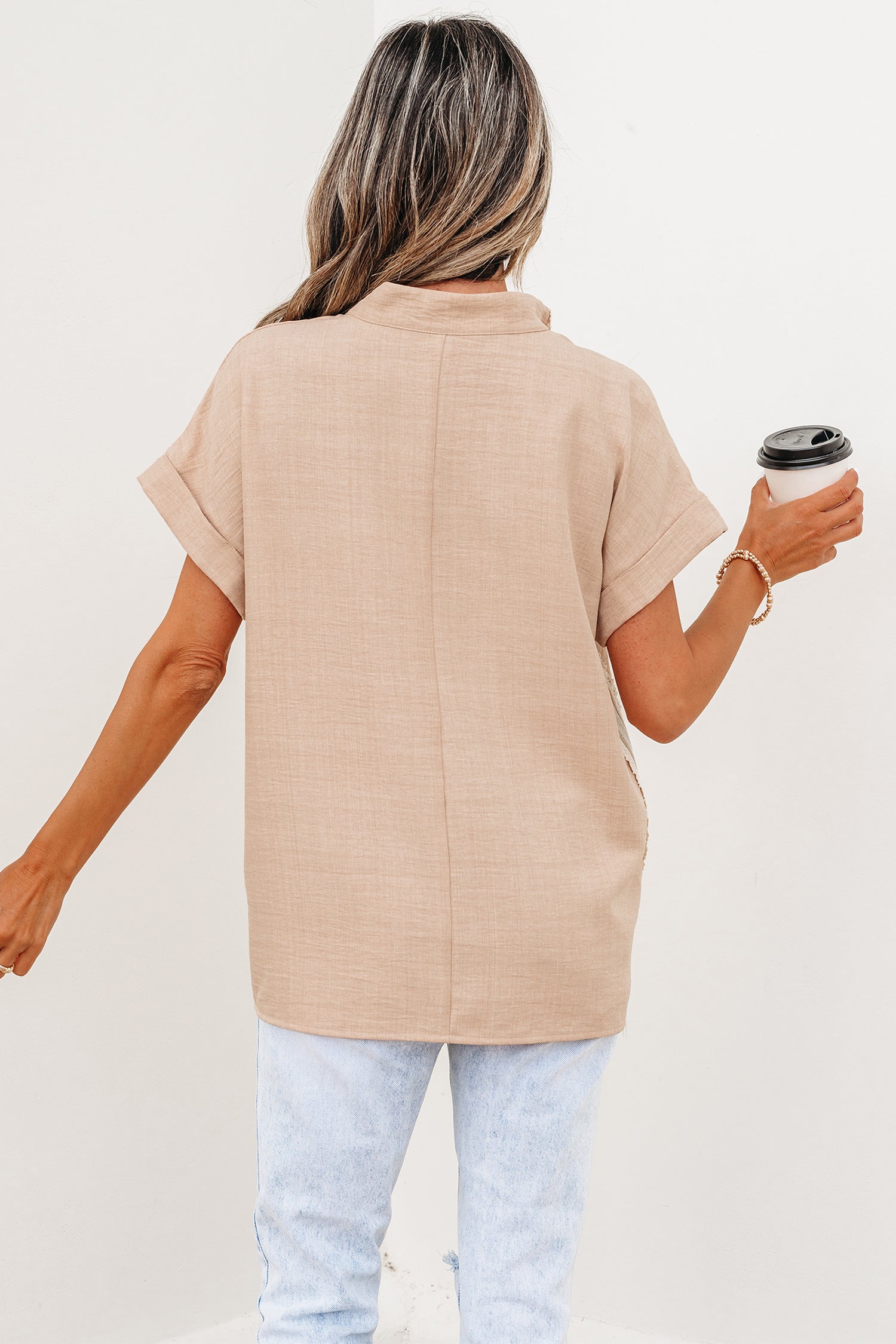 Parchment Crochet Lace Accent Pullover Rolled Short Sleeve Blouse - Snoopy's Closet