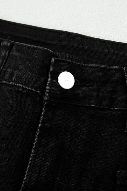 Black Frayed Cropped Straight Jeans
