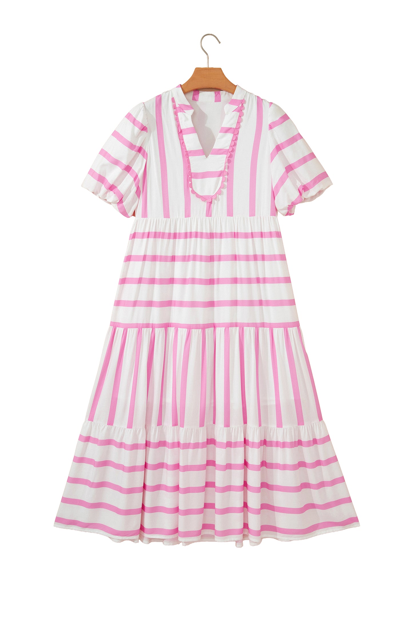 Pink Stripe Ricrac Trim Notched Neck Half Sleeve Vacation Dress - Snoopy's Closet