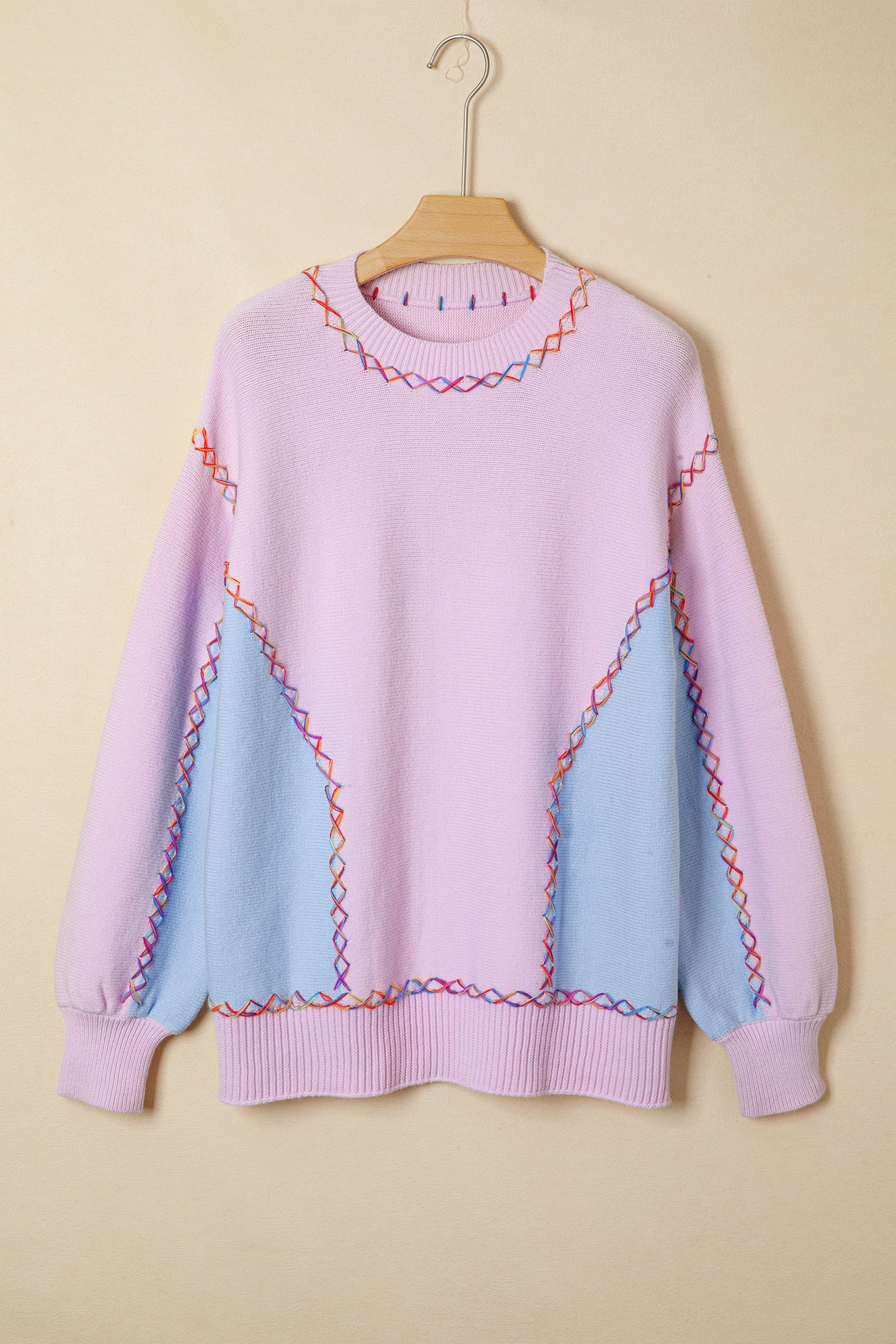 Orchid Bouquet Rainbow Stitching Balloon Sleeve Relaxed Sweater - Snoopy's Closet