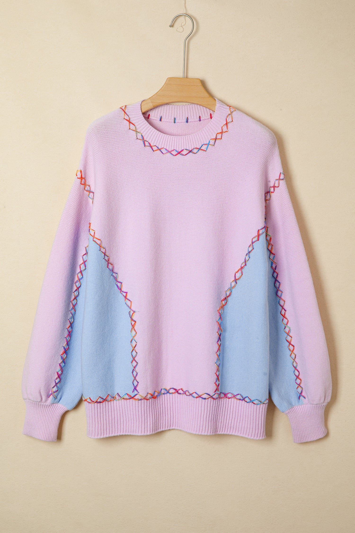 Orchid Bouquet Rainbow Stitching Balloon Sleeve Relaxed Sweater - Snoopy's Closet