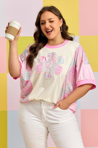 Camiseta de algodón de manga corta con estampado floral patchwork y bordado, talla grande, color beige