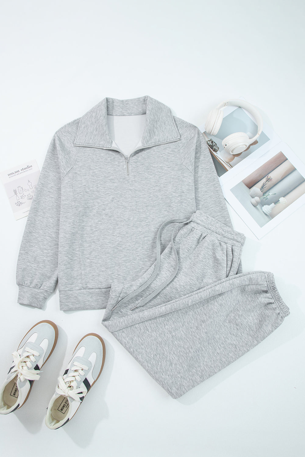 Light Grey Zip Collar Long Sleeve Top Drawstring Pants Set - Snoopy's Closet