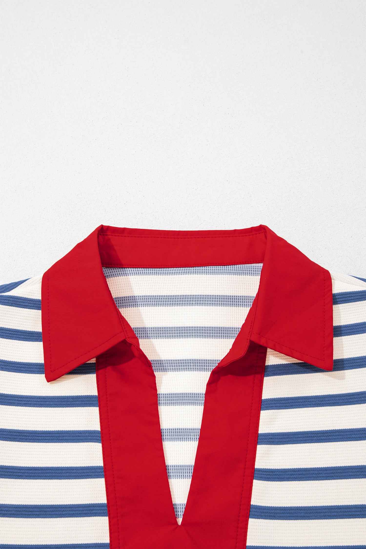 Blue Stripe Short Puff Sleeve Color Block Polo Collar Blouse