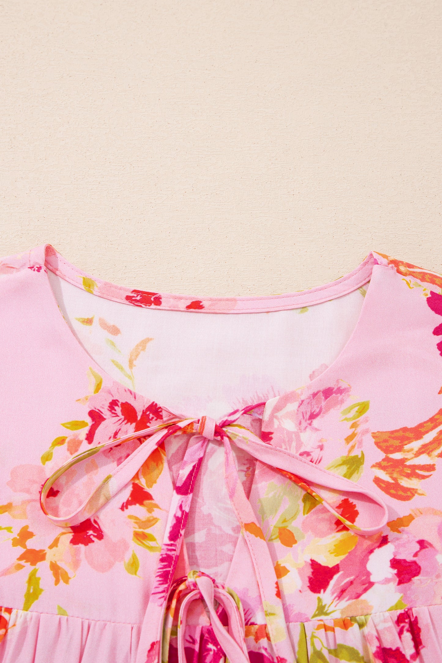 Pink Floral Print Tie Neck Puffy Half Sleeve Blouse - Snoopy's Closet