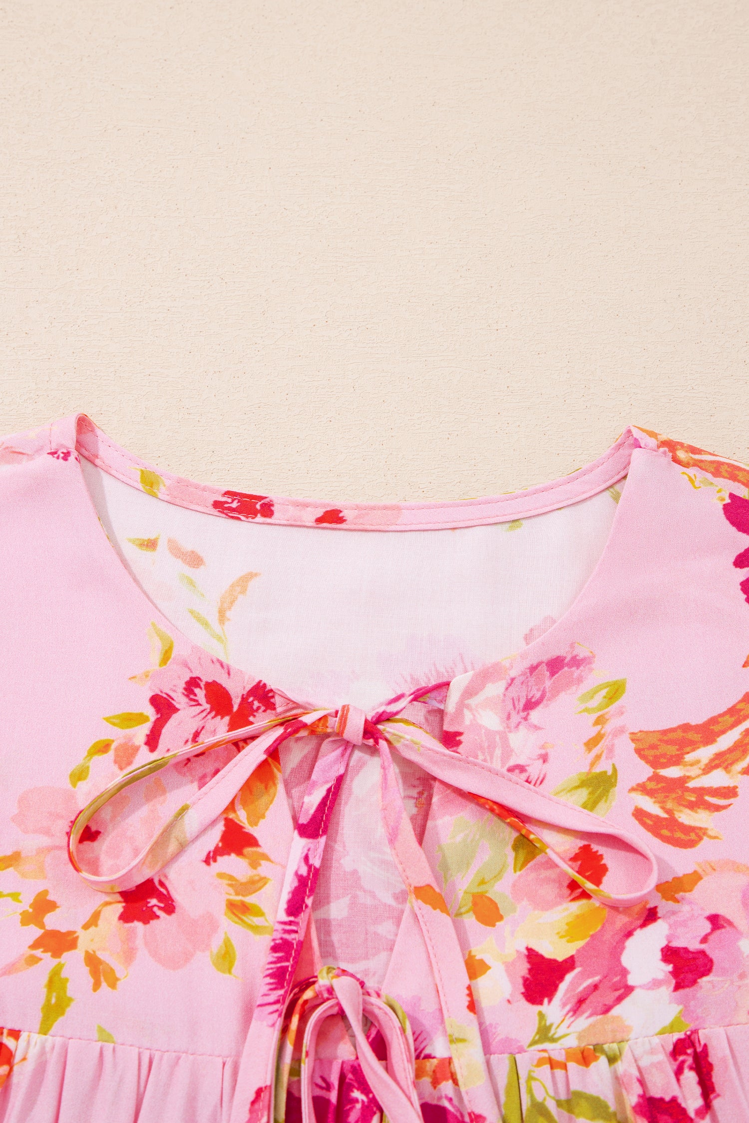 Pink Floral Print Tie Neck Puffy Half Sleeve Blouse - Snoopy's Closet