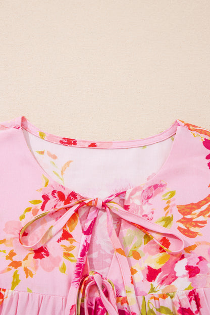 Pink Floral Print Tie Neck Puffy Half Sleeve Blouse - Snoopy's Closet