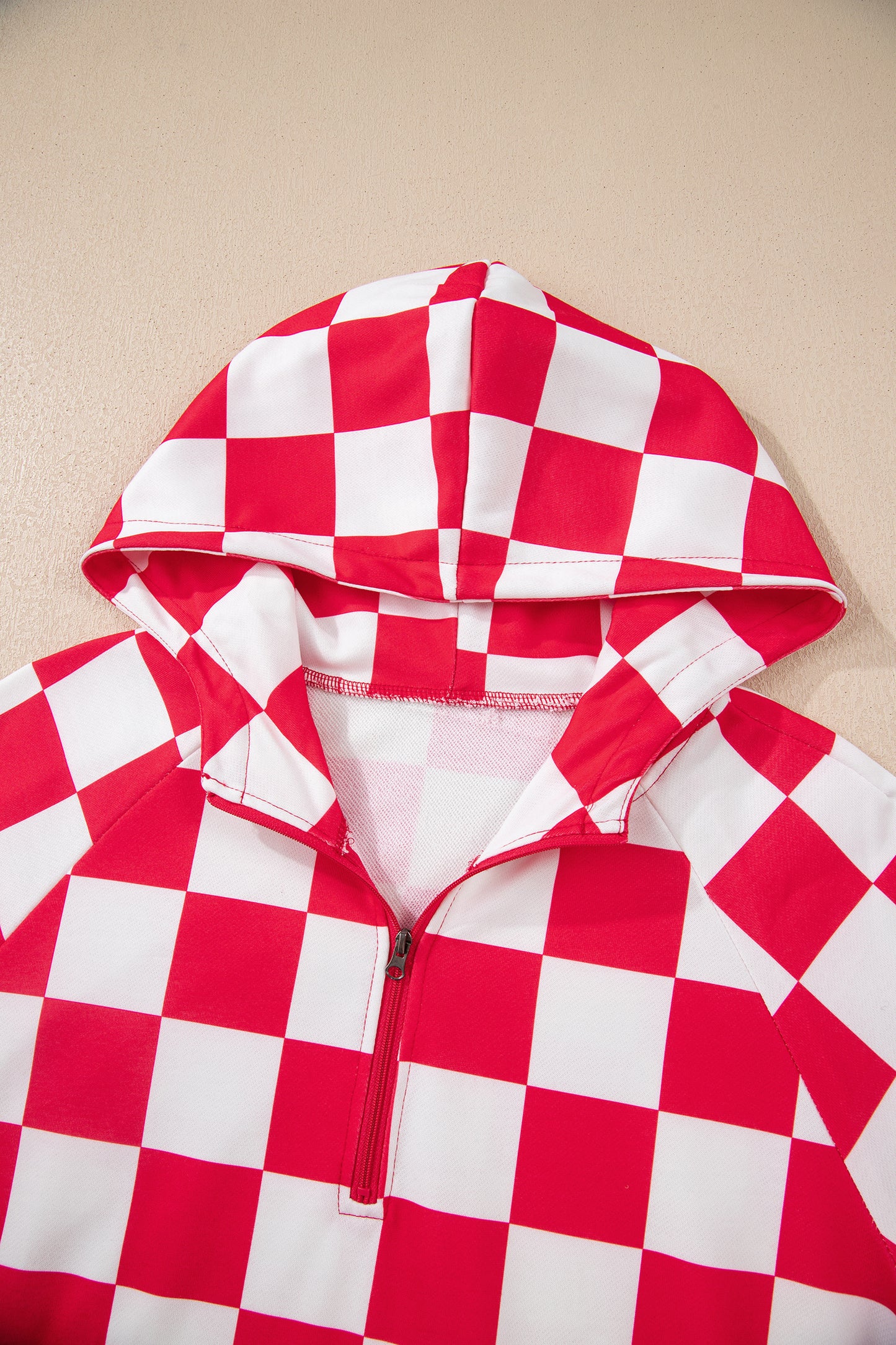 Red Checkered Print Half Zip Hoodie Loose Pant Set - Snoopy's Closet