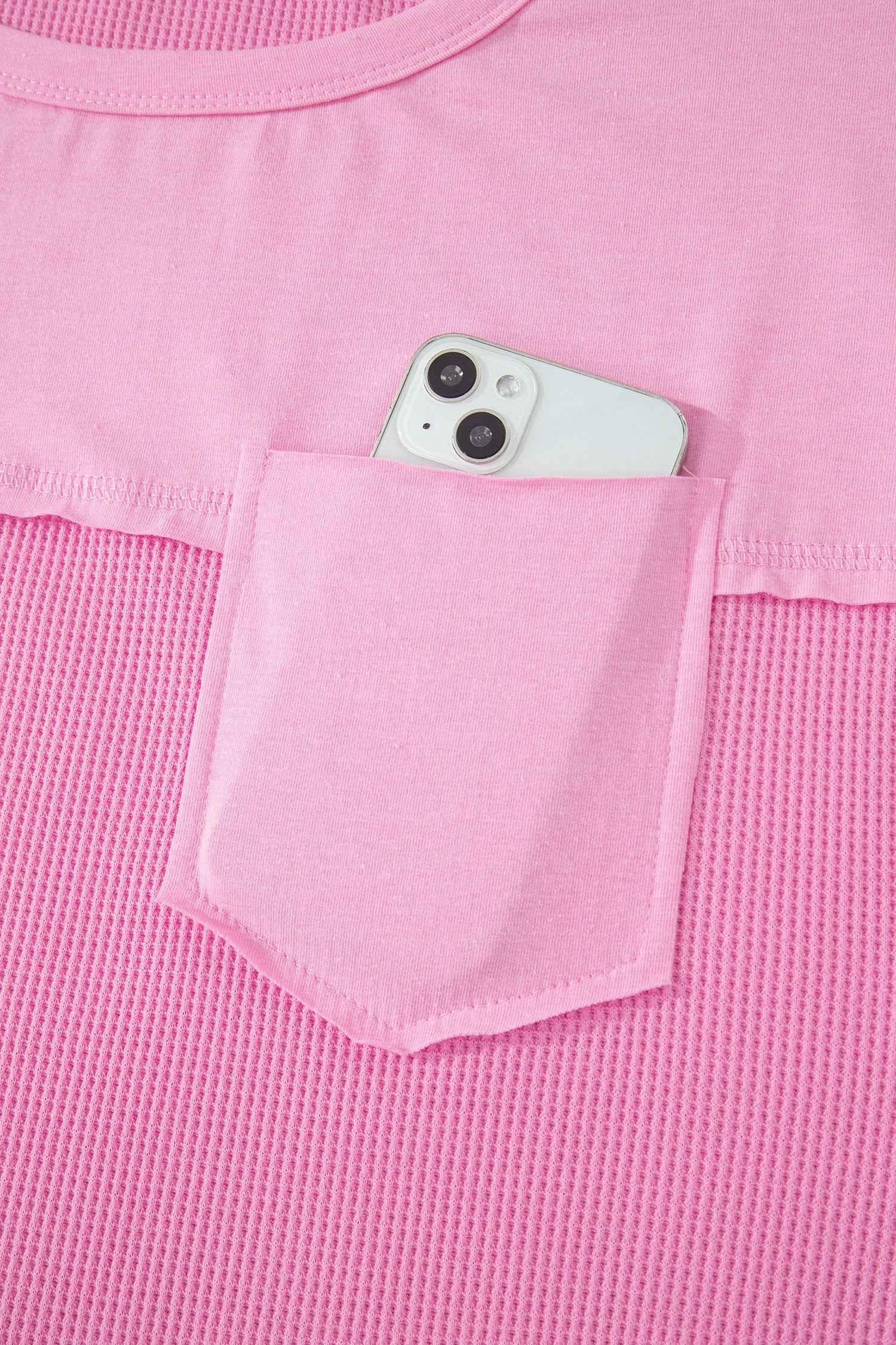 Pink Solid Color Raw Seam Waffled Patchwork Casual T Shirt