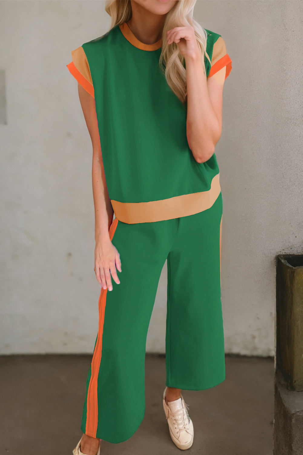 Dark Green Color Block Detail Casual Two-piece Set - Snoopy's Closet