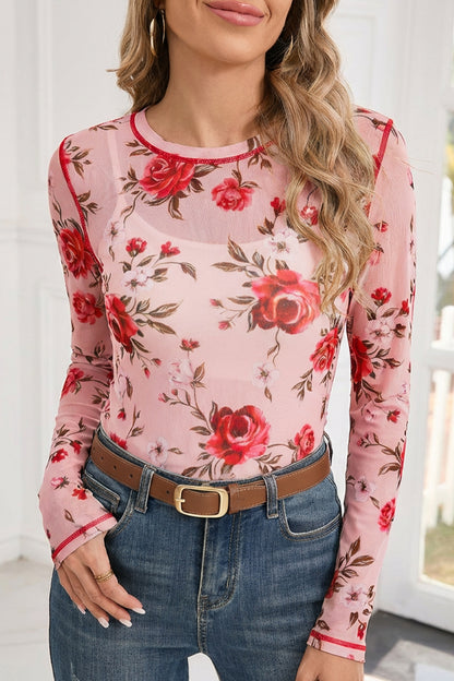 Pink Floral Print Exposed Seam Detail Mesh Long Sleeve Top - Snoopy's Closet