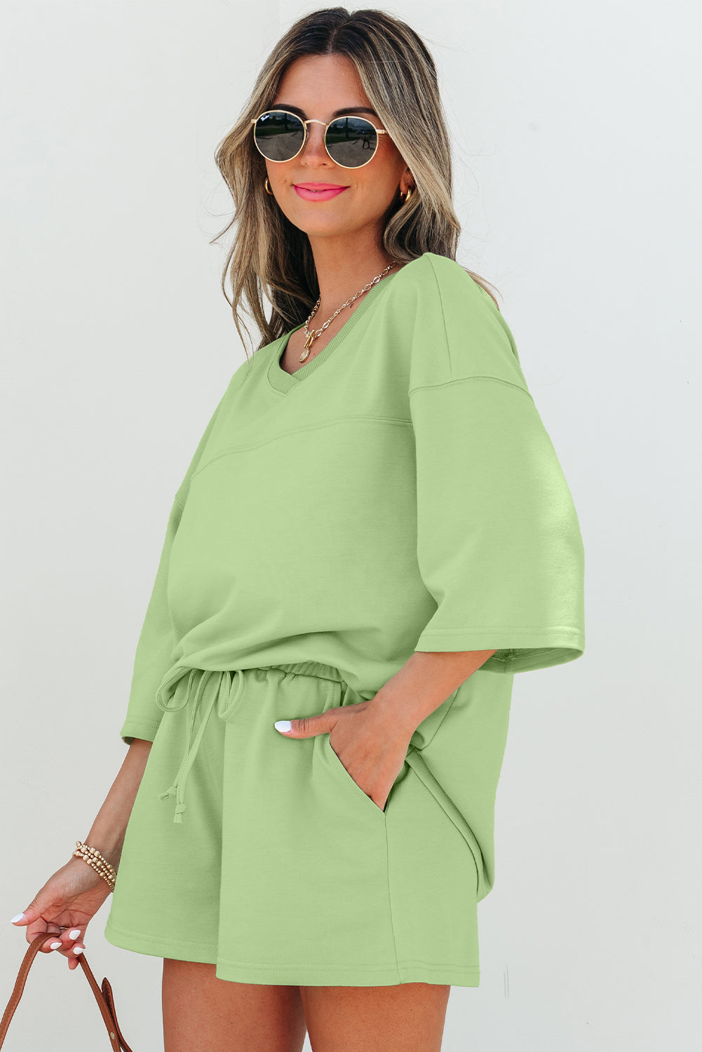 Meadow Mist Green Solid Loose V Neck Half Sleeve Tee and Shorts - Snoopy's Closet