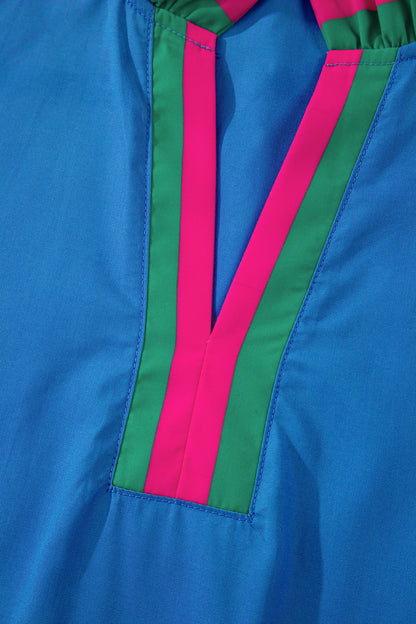 Blusa de manga corta con volantes, cuello con volantes a rayas azul cielo