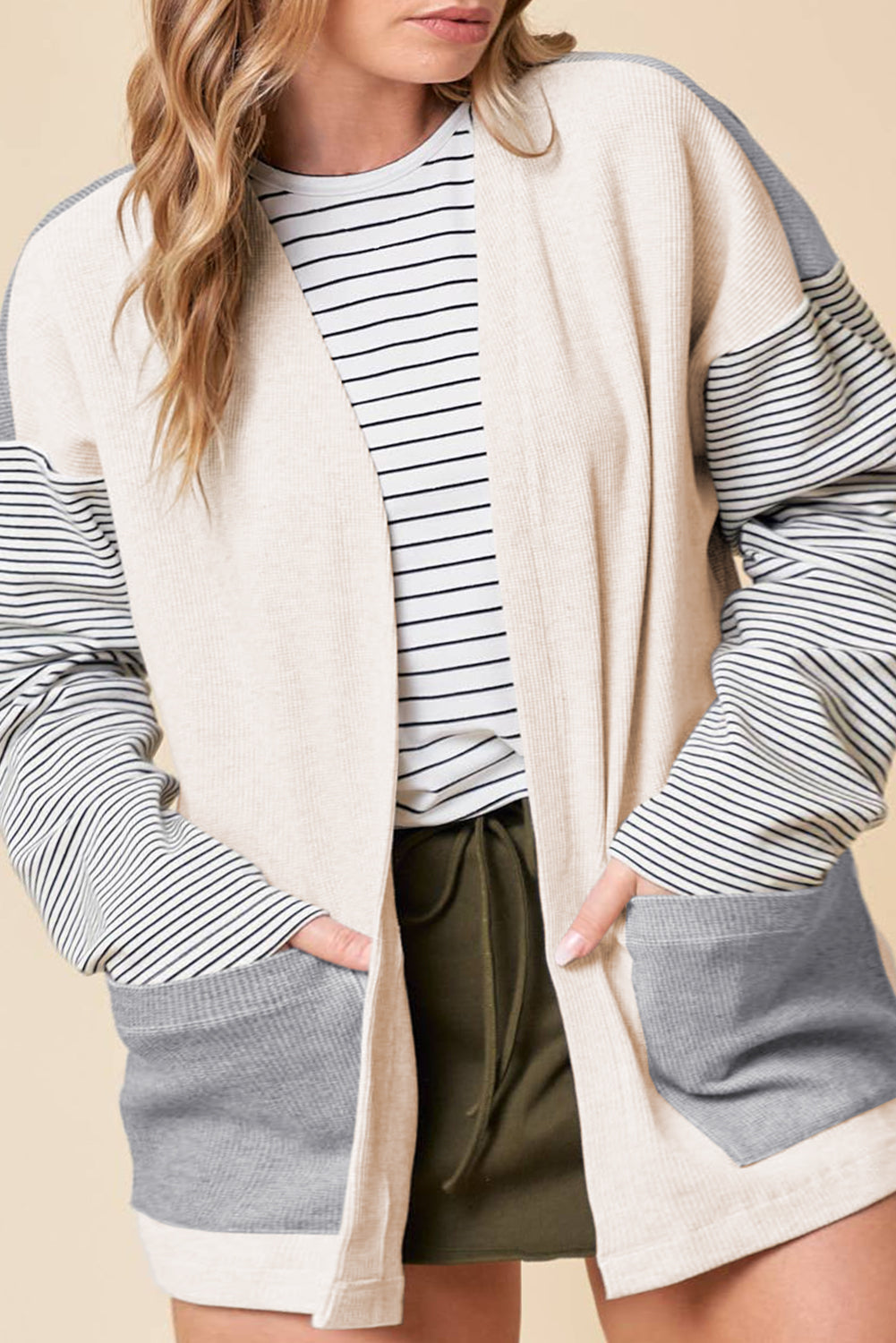 Black Stripe Colorblock Patchwork Open Front Cardigan with Pocket - Snoopy's Closet