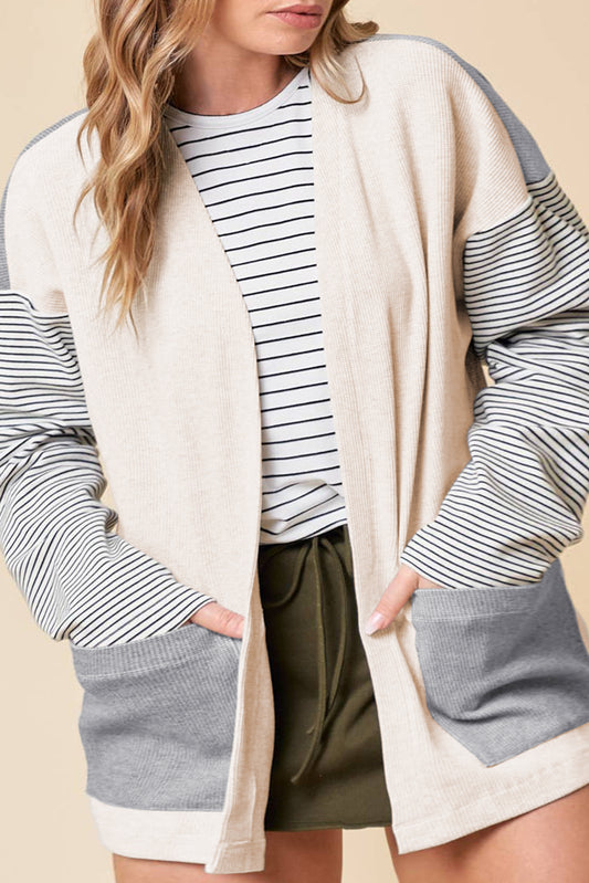 Black Stripe Colorblock Patchwork Open Front Cardigan with Pocket - Snoopy's Closet