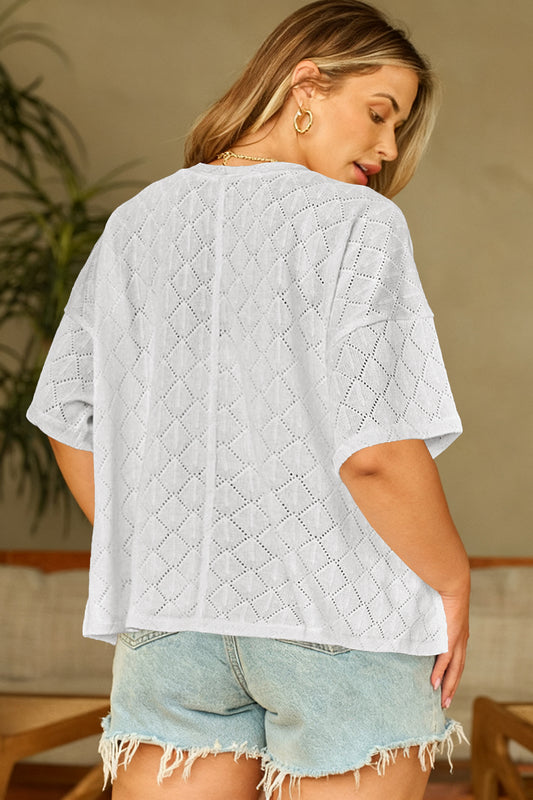 Top suelto de punto calado blanco con escote de pico y rombos, talla grande