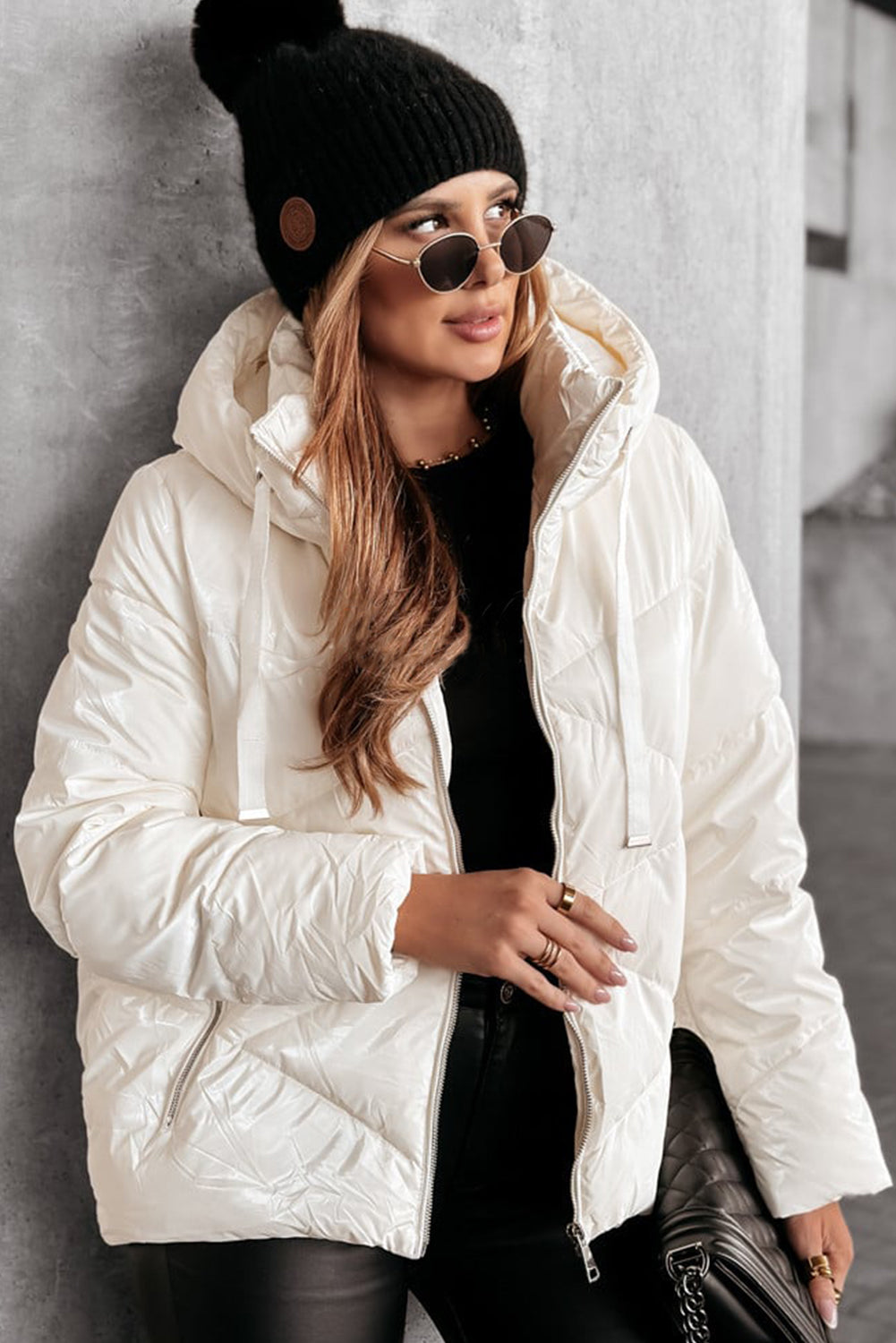 White Solid Quilted Hooded Zip Up Puffer Coat - Snoopy's Closet