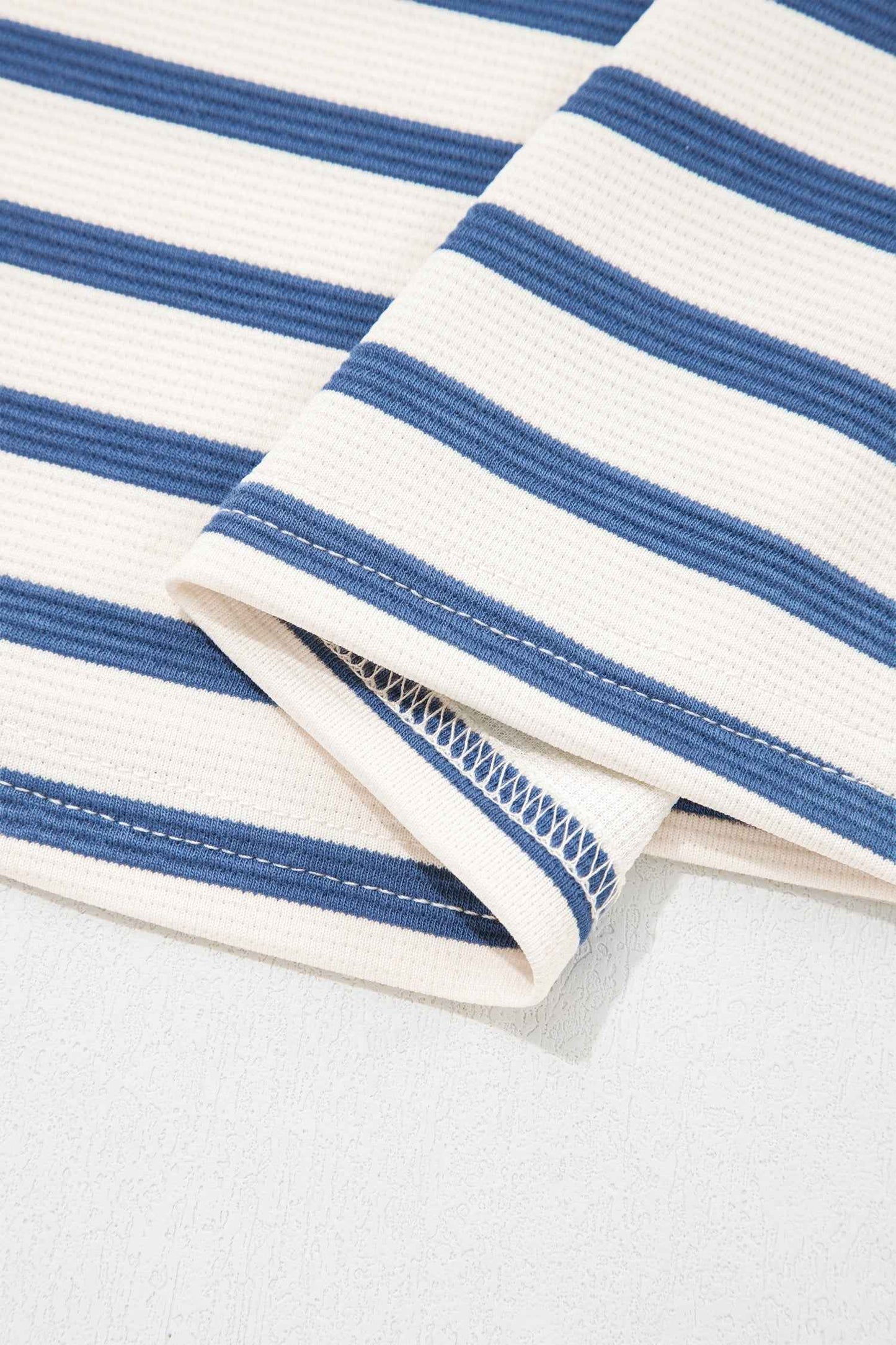 Blue Stripe Short Puff Sleeve Color Block Polo Collar Blouse