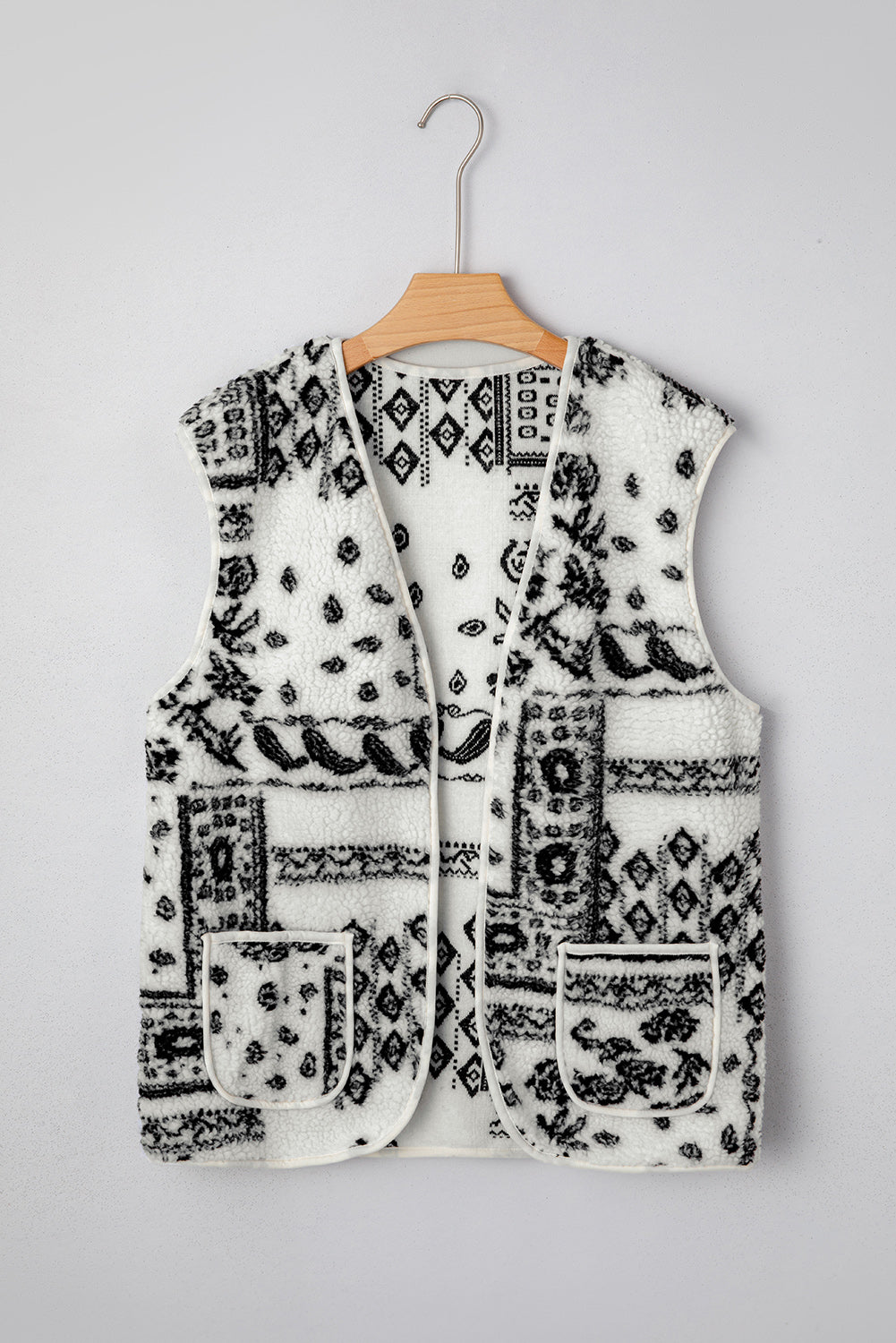 Chaqueta de chaleco de moda occidental con estampado de cachemira Sherpa beige con bolsillos