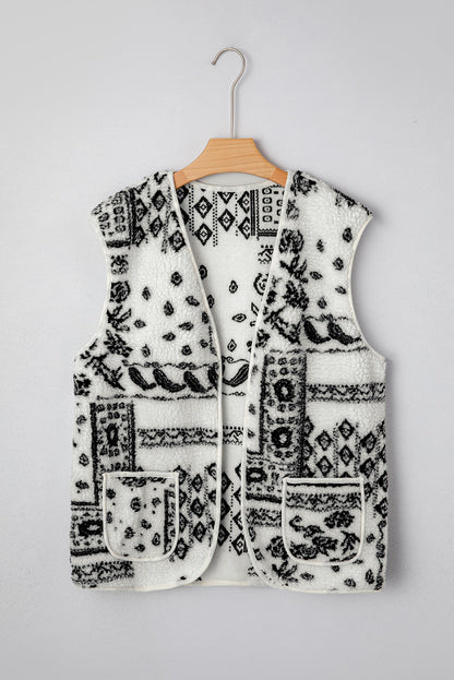 Chaqueta de chaleco de moda occidental con estampado de cachemira Sherpa beige con bolsillos