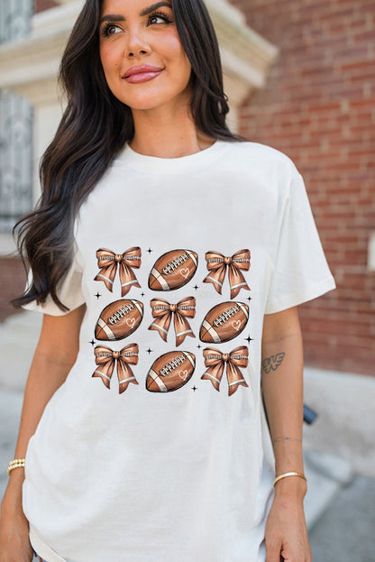 Camiseta de mezcla de algodón blanca con estampado de lazo y motivo de fútbol americano