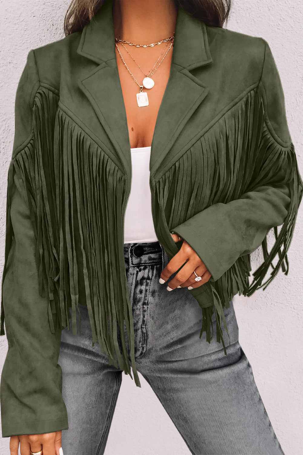 Chaqueta de ante sintético corta verde con flecos