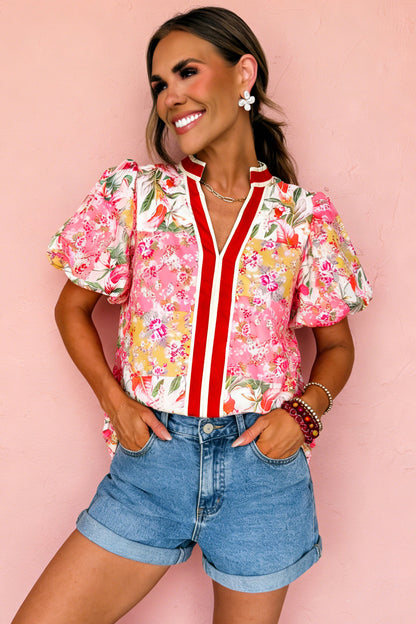 Pink Contrast Collared V Neck Short Sleeve Floral Blouse - Snoopy's Closet