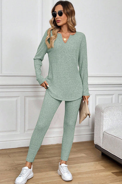 Grass Green Ribbed Notched Neck Knit Long Sleeve Leggings Two Pieces Lounge Set - Snoopy's Closet