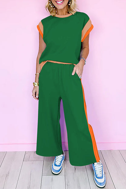 Dark Green Color Block Detail Casual Two-piece Set - Snoopy's Closet