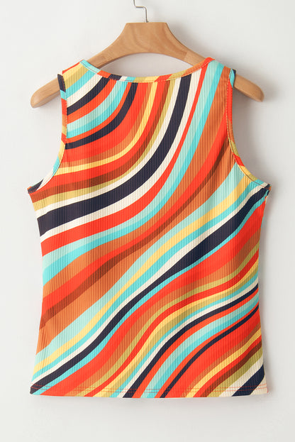 Camiseta sin mangas con cuello de pico, botones y rayas onduladas multicolores