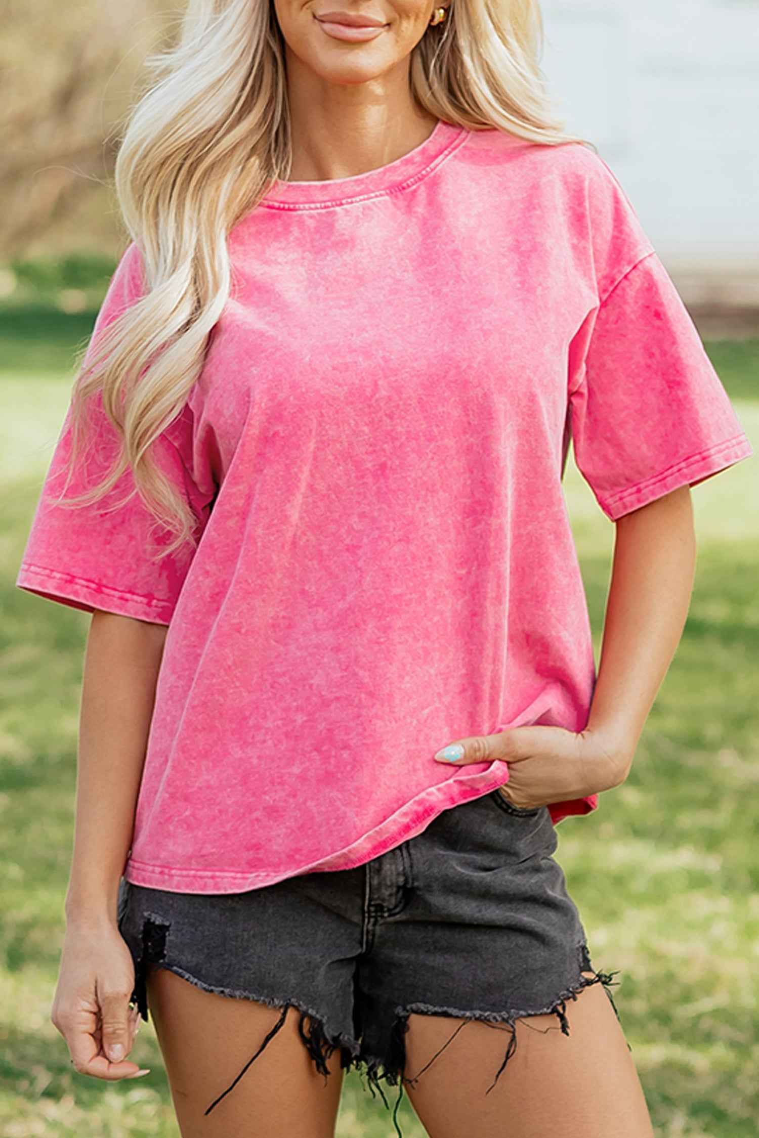 Dark Grey Solid Color Cotton Mineral Washed Oversize Tee