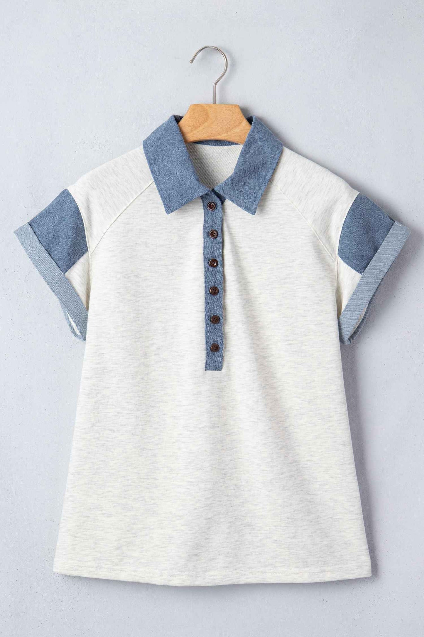 Carbon Grey Denim Color Block Patchwork Shirt Collar Short Sleeve Blouse