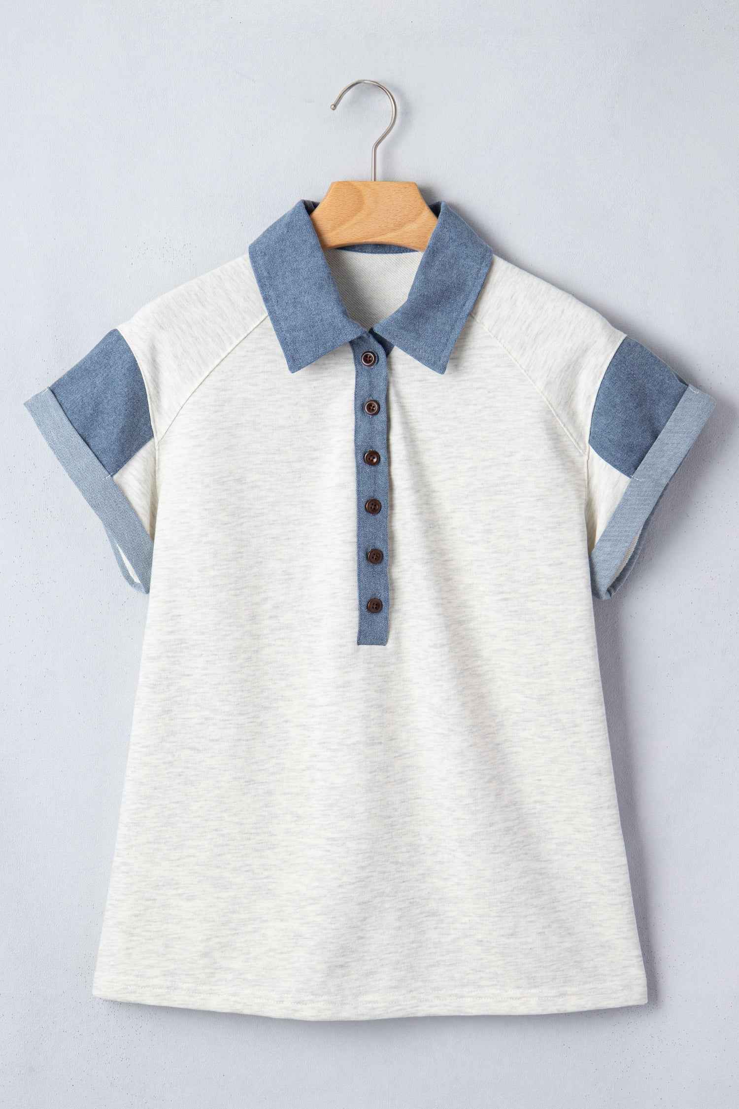 Carbon Grey Denim Color Block Patchwork Shirt Collar Short Sleeve Blouse