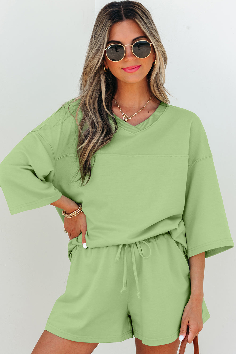 Meadow Mist Green Solid Loose V Neck Half Sleeve Tee and Shorts - Snoopy's Closet