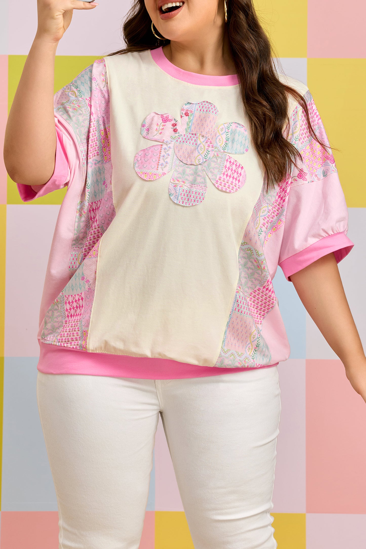 Camiseta de algodón de manga corta con estampado floral patchwork y bordado, talla grande, color beige