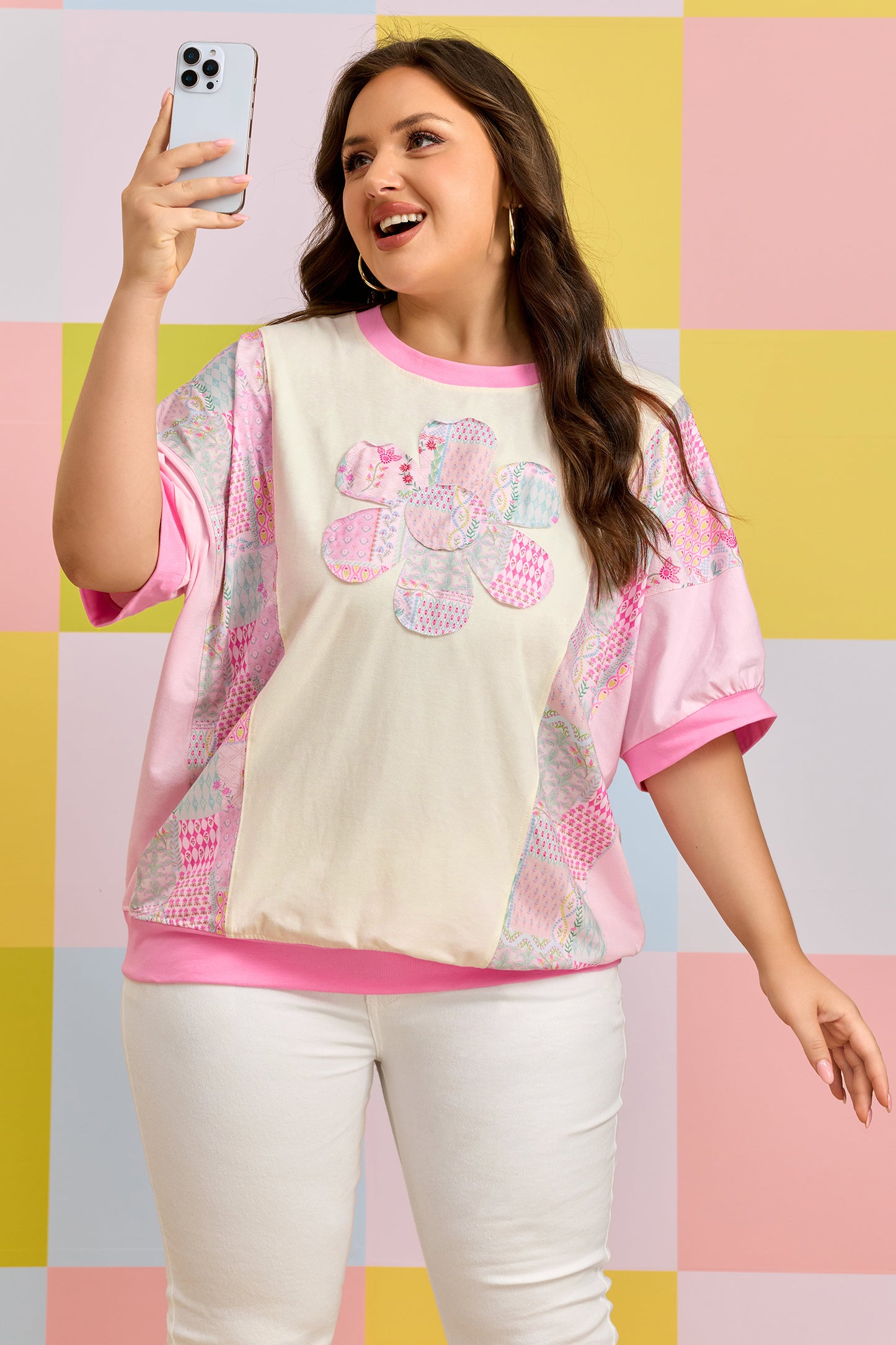Camiseta de algodón de manga corta con estampado floral patchwork y bordado, talla grande, color beige