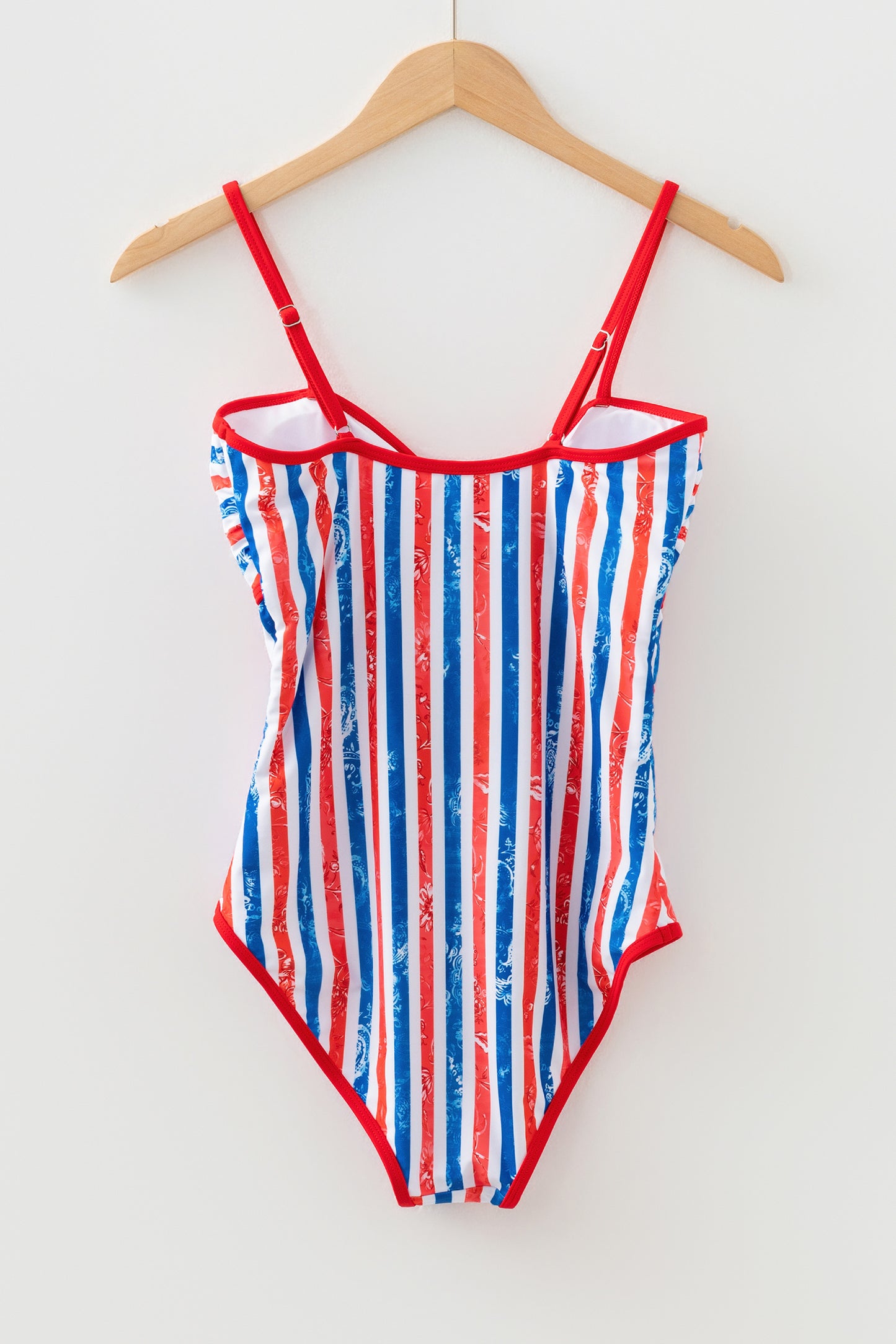 Red July 4th Stripes Star Floral Impression Cutout Spaghetti Straps One Piece Swimsuit - Snoopy's Closet