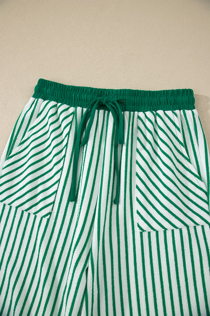 Sky Blue Stripe Crew Neck Tee Drawstring Waist Cropped Pants Set - Snoopy's Closet