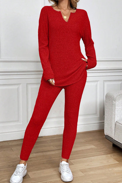 Racing Red Ribbed Notched Neck Knit Long Sleeve Leggings Two Pieces Lounge Set - Snoopy's Closet