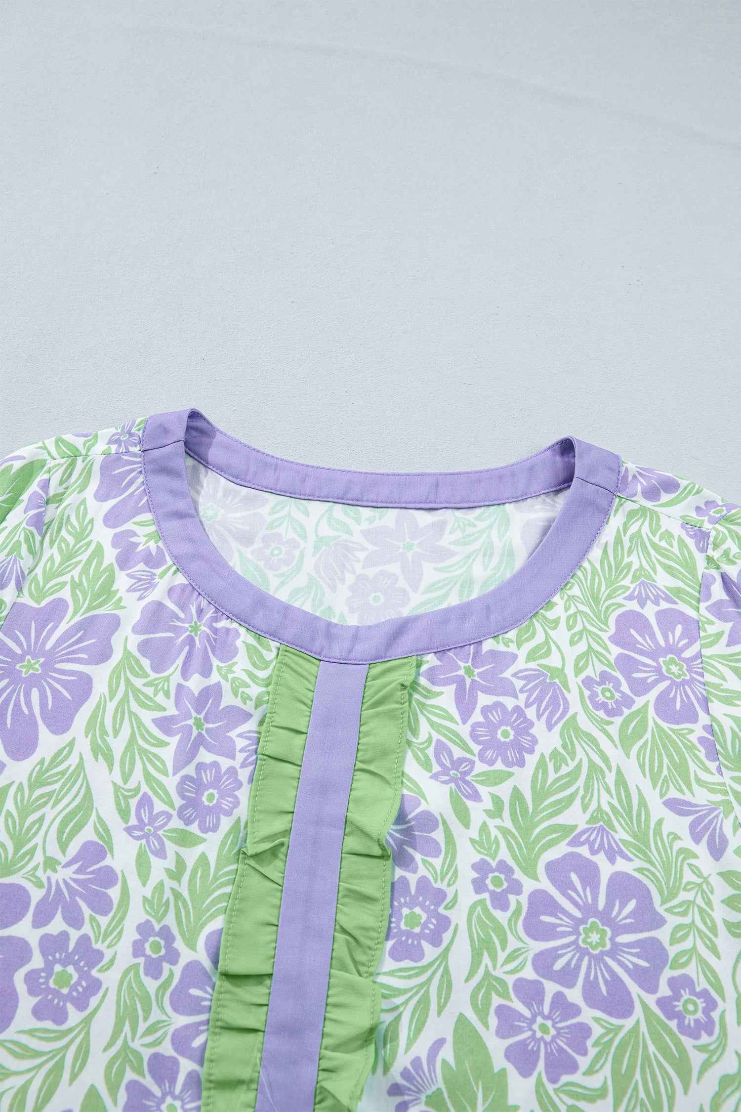 Sky Blue Floral Print Ruffled Color Block Trim Half Sleeve Blouse