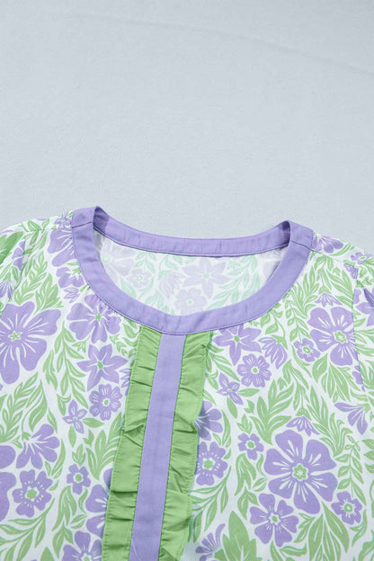 Sky Blue Floral Print Ruffled Color Block Trim Half Sleeve Blouse