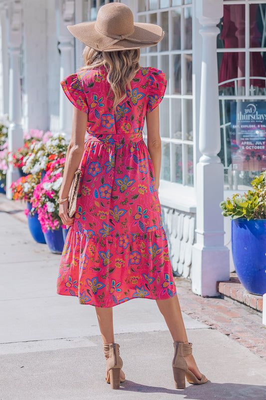 Vestido largo floral con cinturón y mangas con volantes Rose