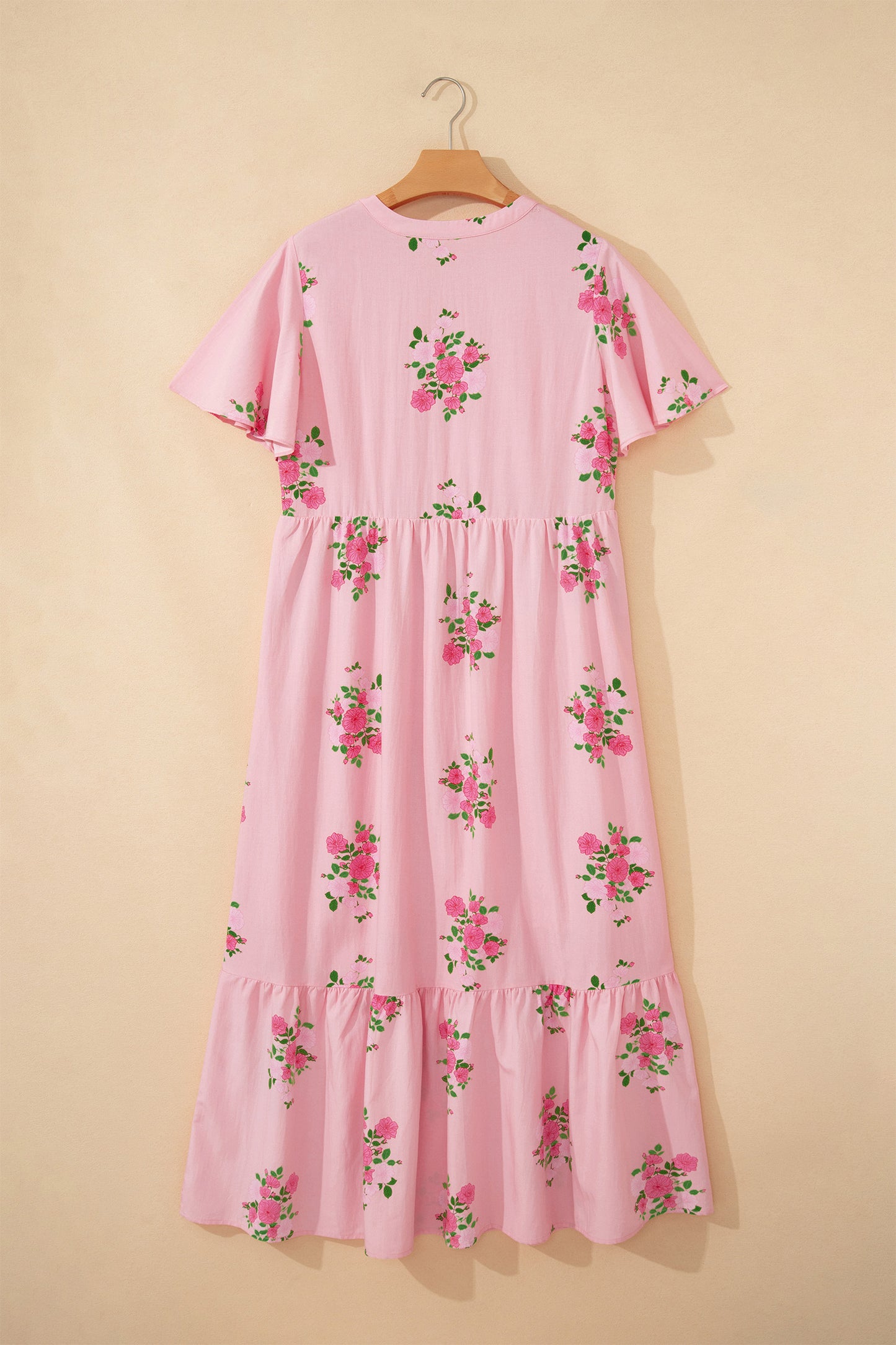 Pink Notched Neck Flutter Short Sleeve Floral Print Maxi Dress - Snoopy's Closet
