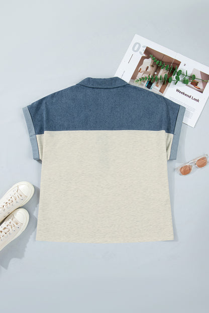 Light Grey Half Buttons Collared Denim Patchwork Plus Short Sleeve Top - Snoopy's Closet
