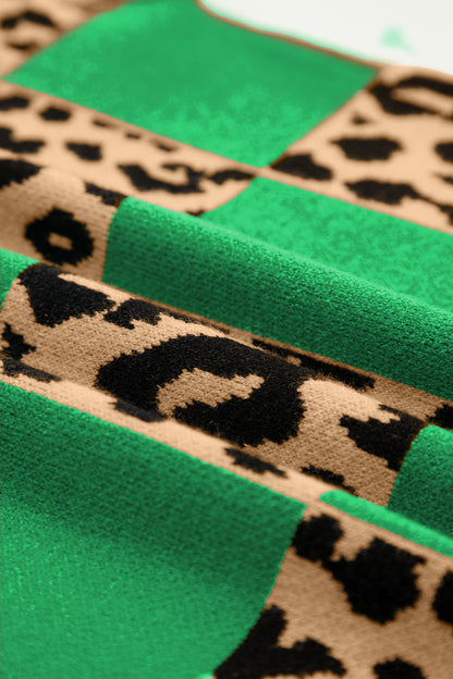 Suéter de punto de manga corta con estampado a cuadros de leopardo verde