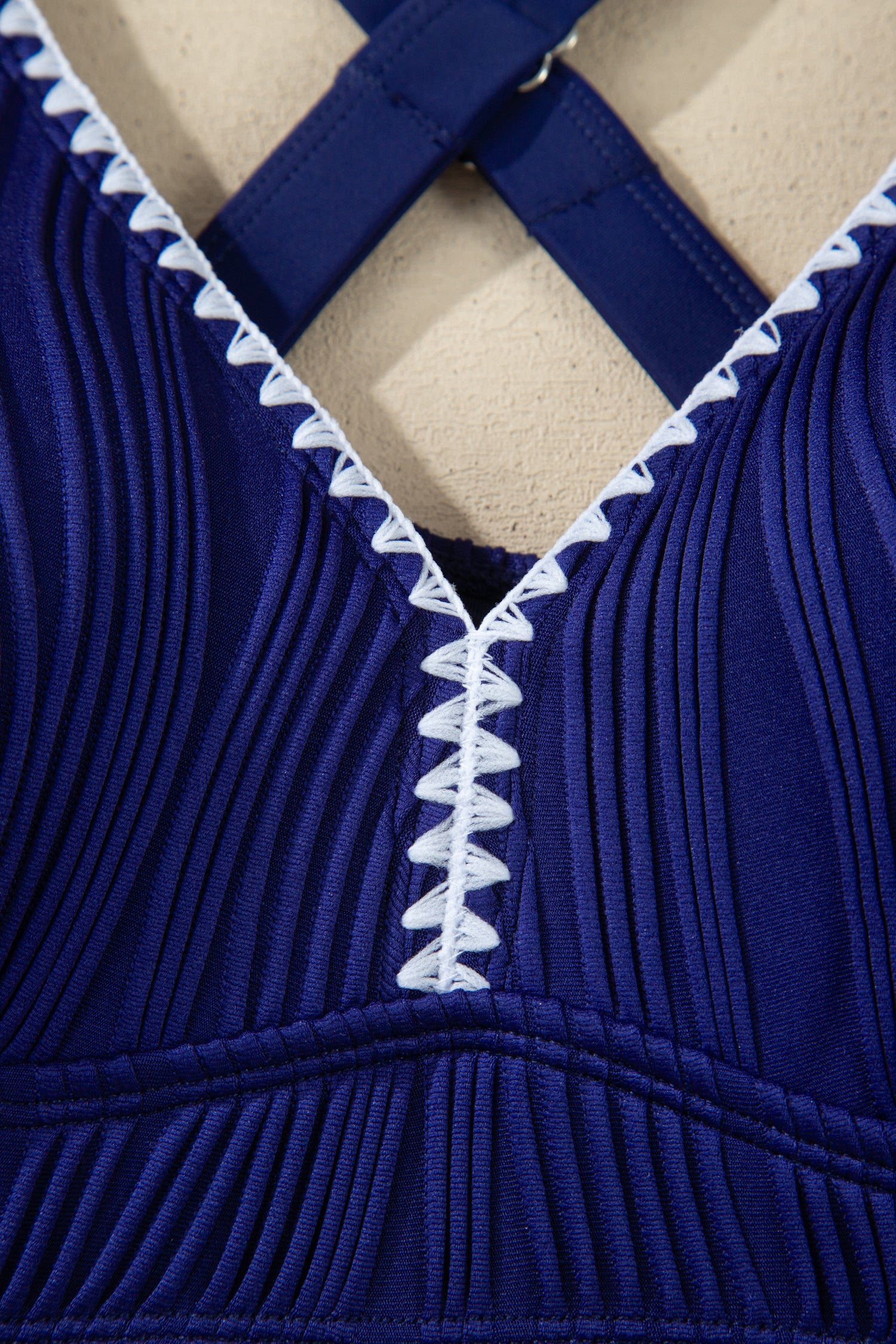 Dark Blue Shell Stitched Trim V Neck Textured Mix and Match High Waist Bikinis - Snoopy's Closet