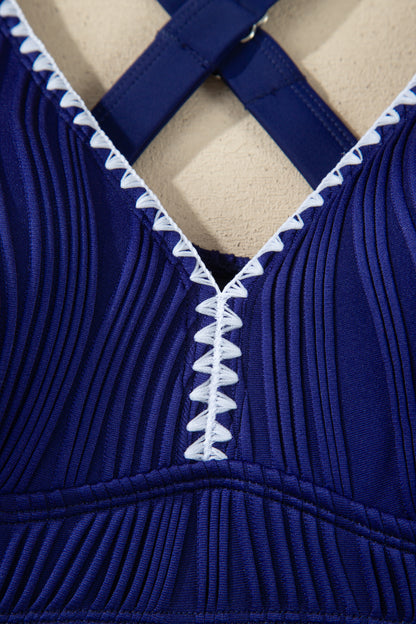 Dark Blue Shell Stitched Trim V Neck Textured Mix and Match High Waist Bikinis - Snoopy's Closet