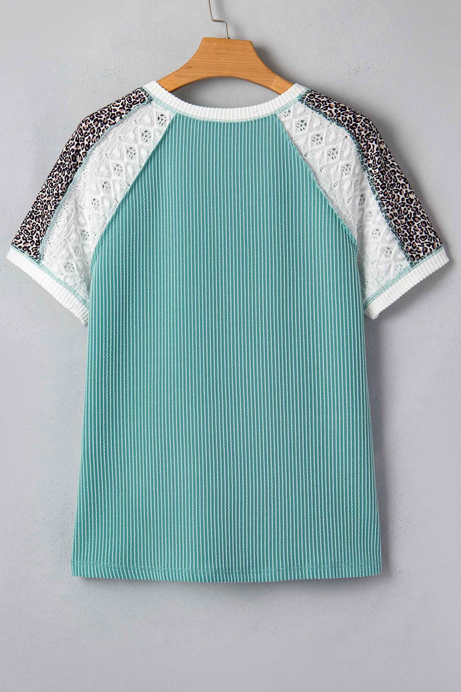 Green Bay Color Block Lace Leopard Patchwork Twisted Ribbed Tee