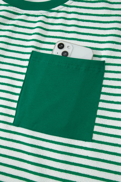 Sky Blue Stripe Crew Neck Tee Drawstring Waist Cropped Pants Set - Snoopy's Closet
