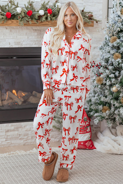 Red Christmas Bow Print Long 2pcs Pajama Set - Snoopy's Closet